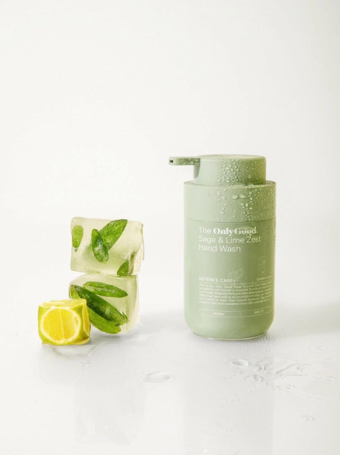 Only Good® Sage & Lime Zest Hand Wash, Defence Care+, with sage leaves set in ice and fresh lime.