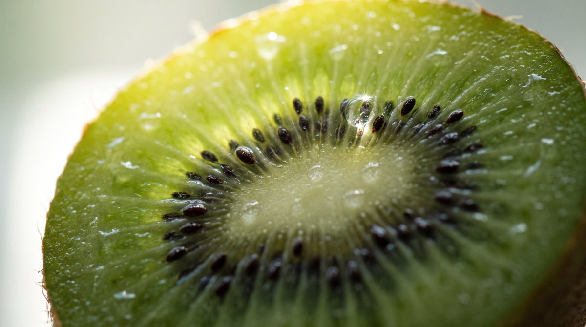 A cut green kiwifruit, close.