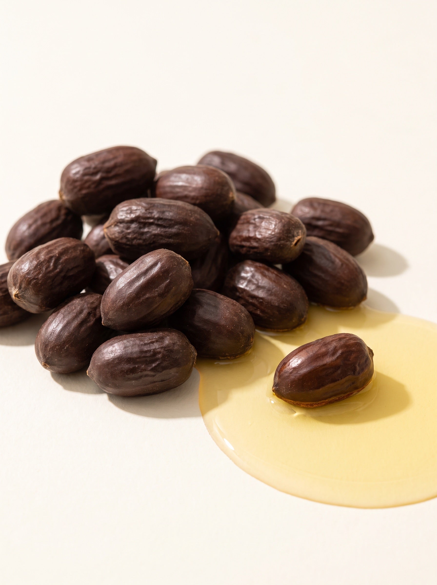 Jojoba seeds and a drop of oil, close.
