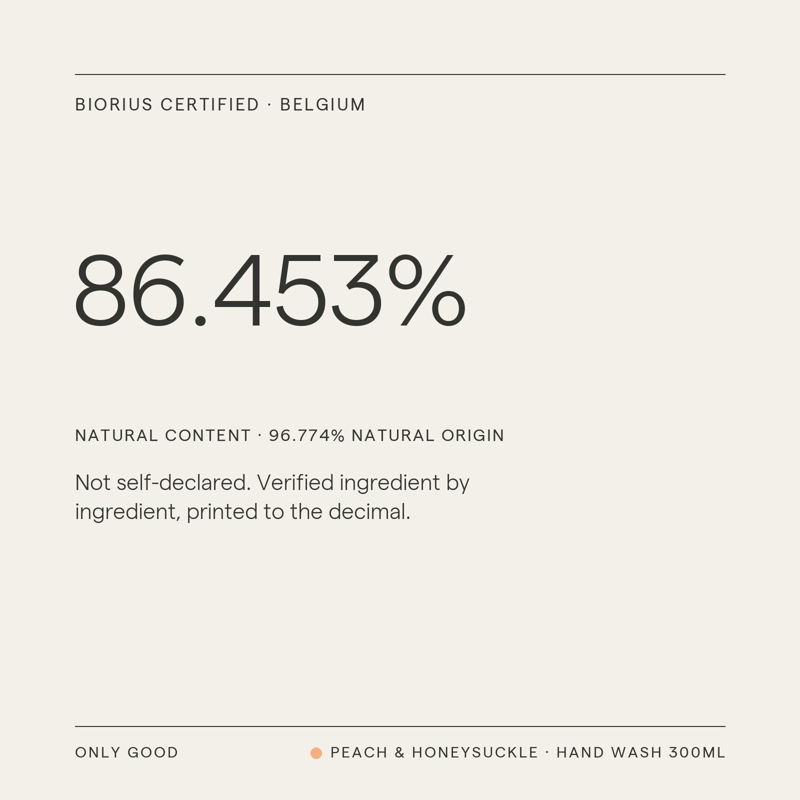 Biorius certificate, Peach & Honeysuckle Hand Wash