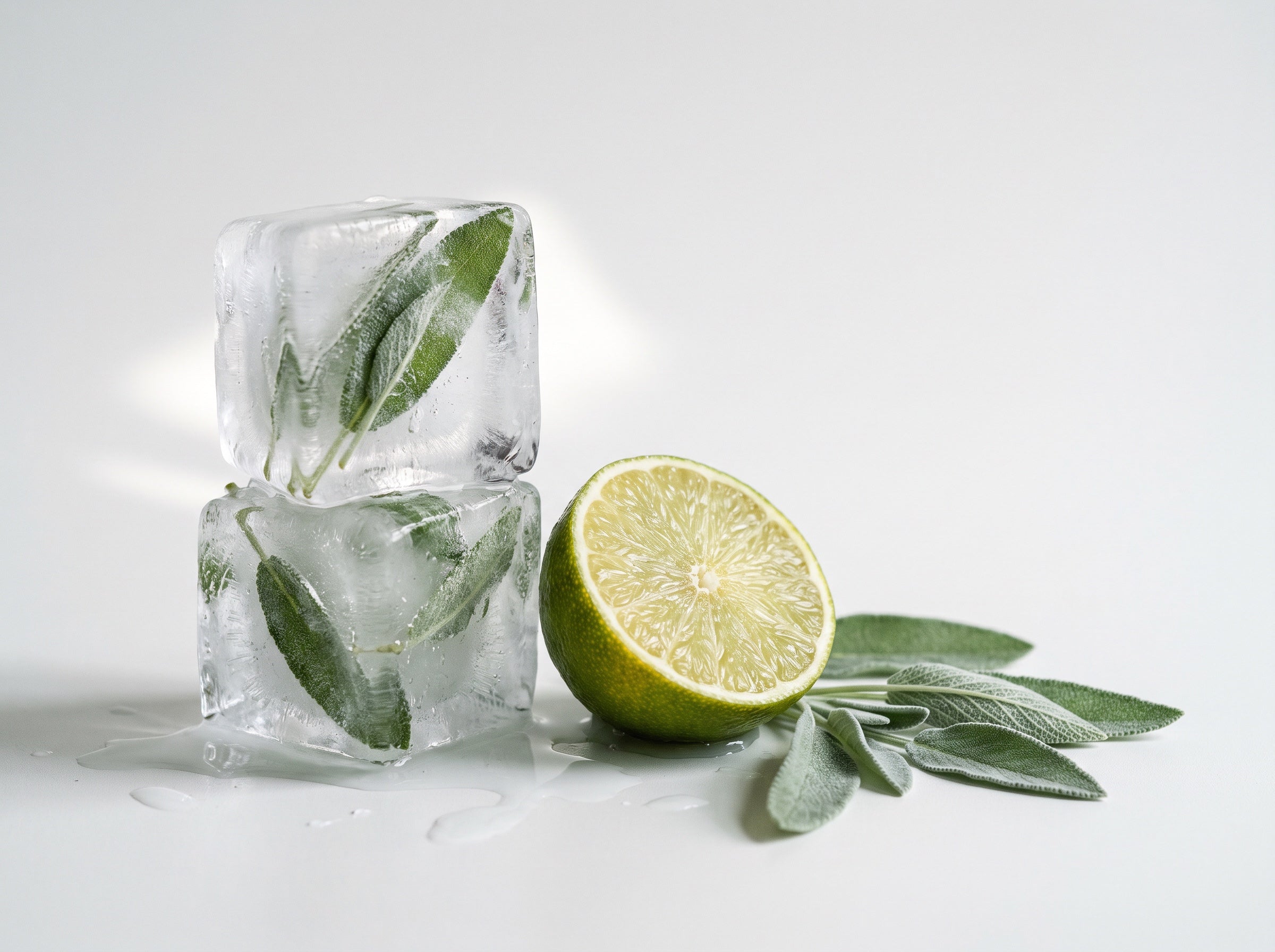 Sage leaves frozen in ice beside a halved lime.